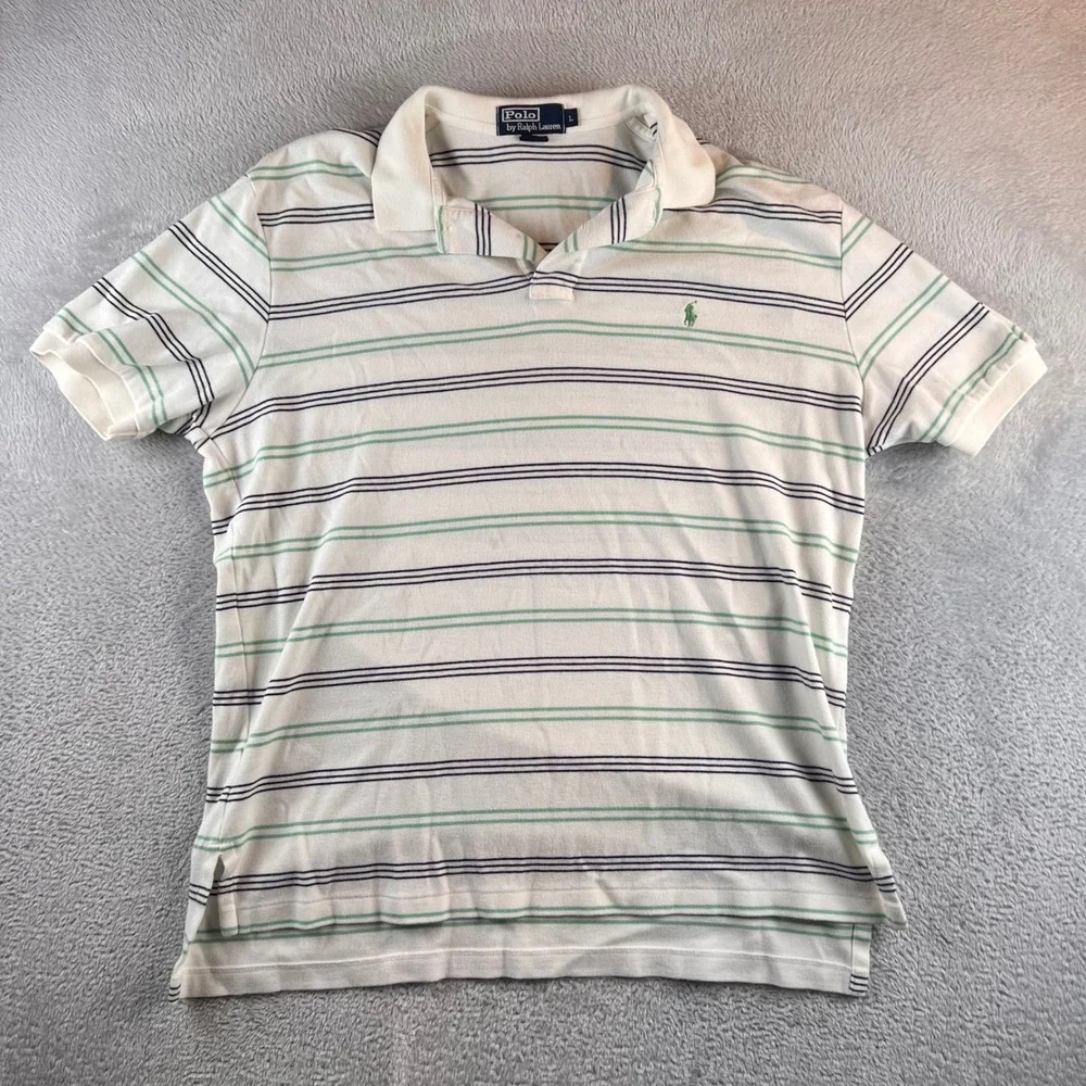 VTG Polo Ralph Lauren Mens Large White Green Navy Blue Striped Cotton Polo Shirt